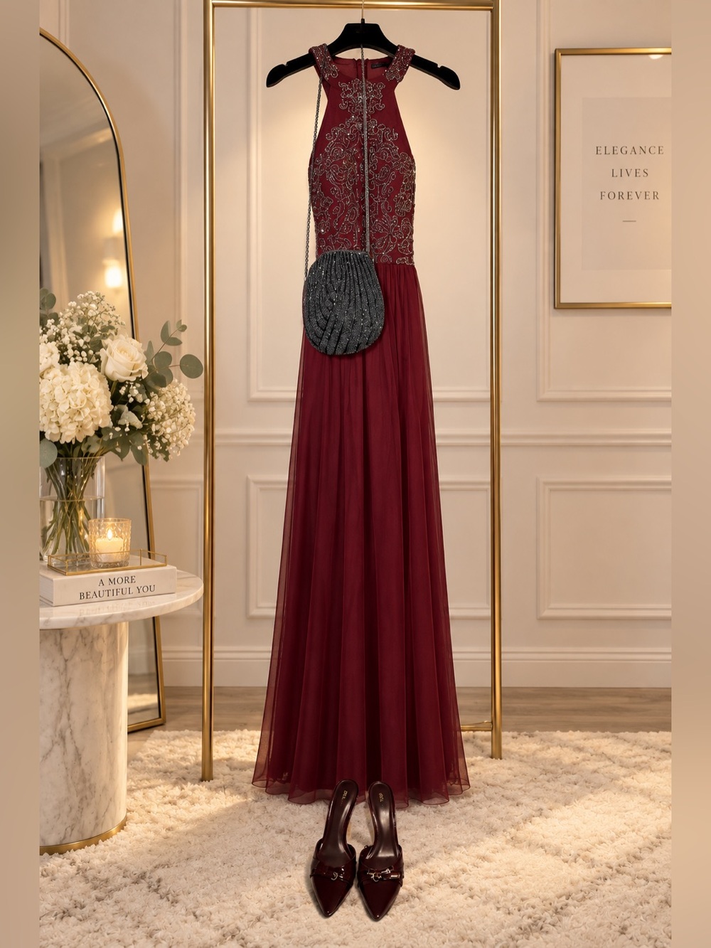Speechless Embroidered Burgundy Halter Maxi Dress size 7 Used
